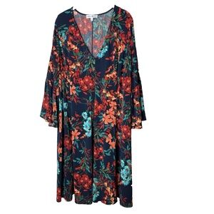 Sabrina Blue Dress Plus Size 3X Floral Stretch V-Neck 3/4 Flare Sleeves Colorful